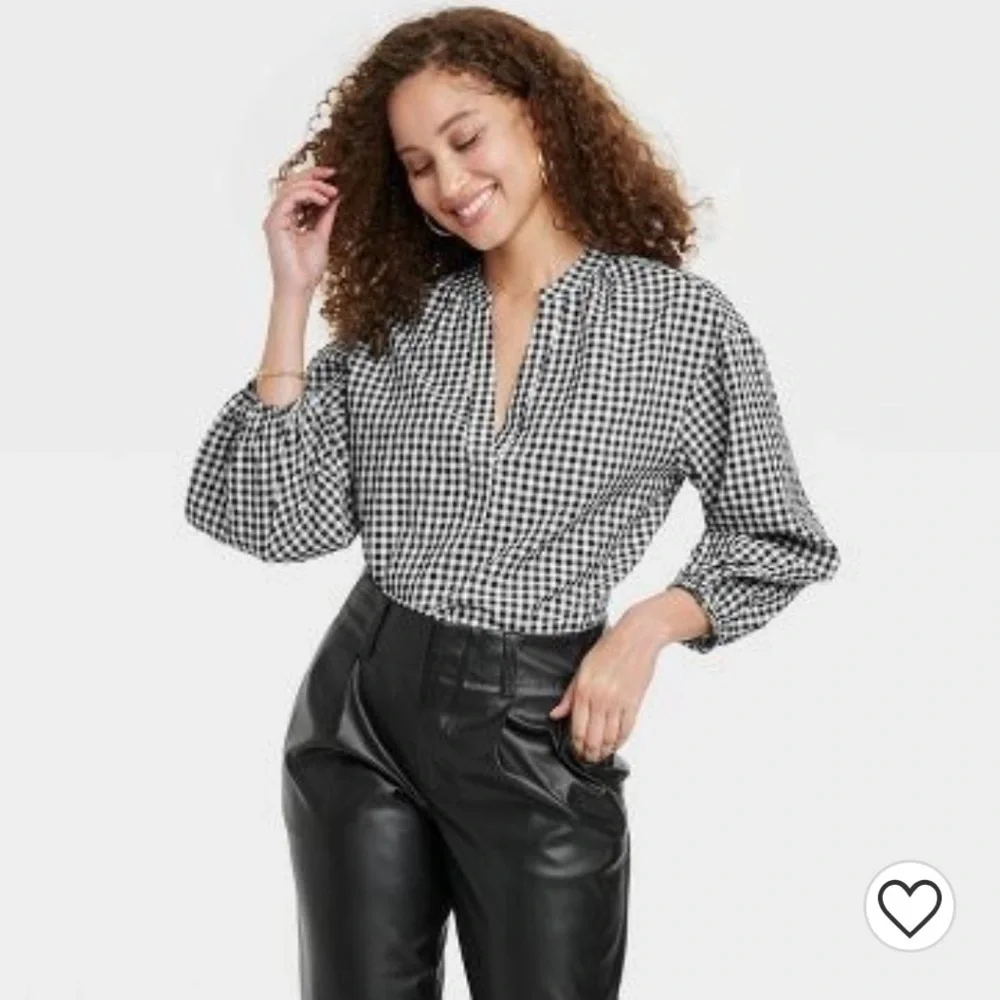 A NEW DAY Popover Top in Black/White Gingham NWT Small - Picture 1 of 13